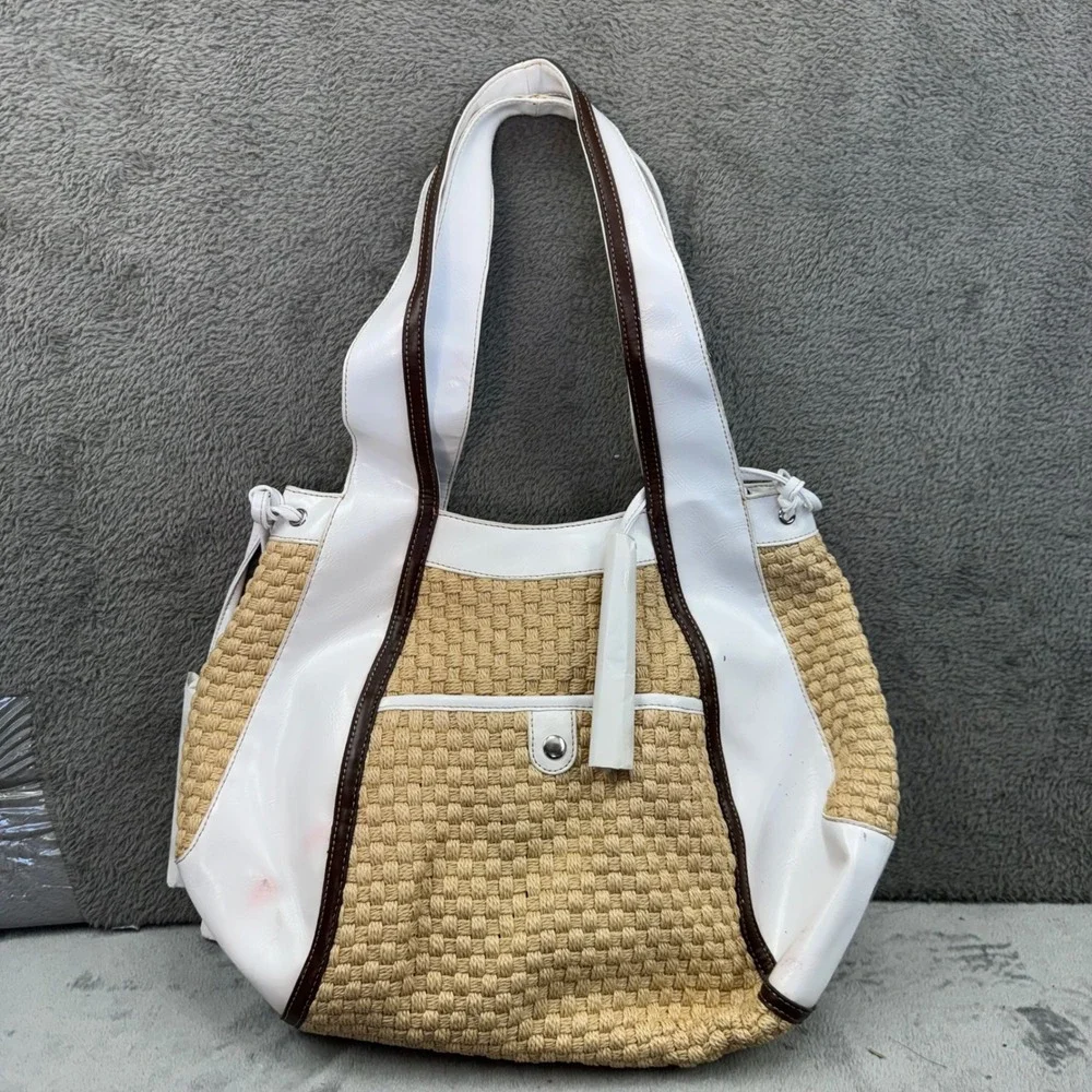 Sharif Studio Straw Hobo‎ Bag Women Large White Beige Good Woven Grommet Tote